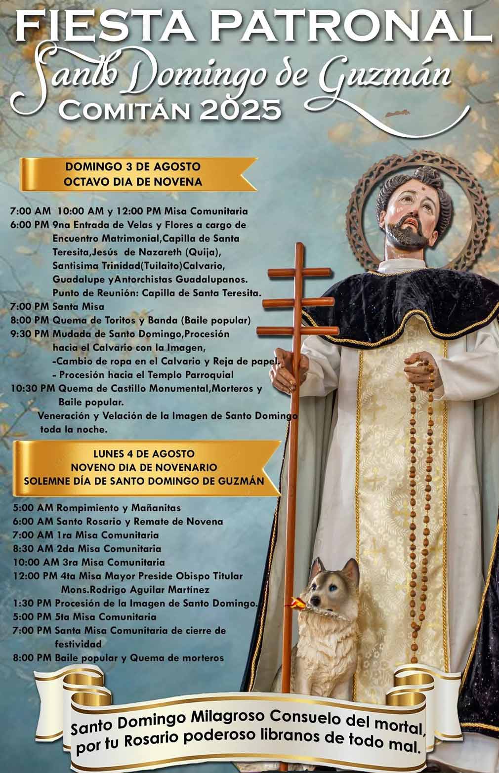 Programa religioso de la festividad de Santo Domingo de Guzmán 2025.